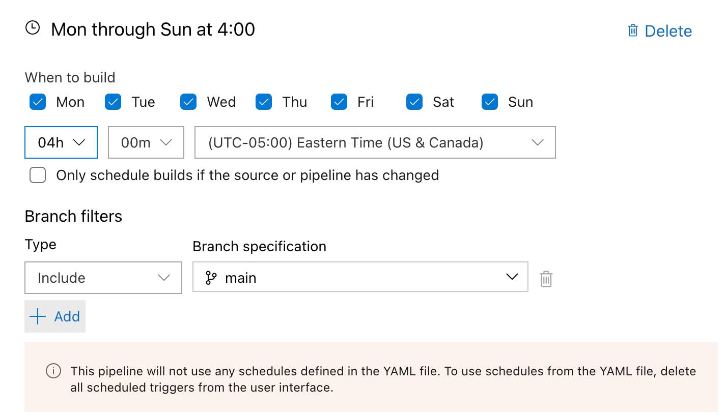 “This is the graphical pipeline scheduler. It is distinct from the scheduler in YAML and may cause some conflict if you’ve already gone into detail in your YAML.”