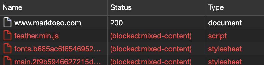 The resource files are all being block as “mixed content”.